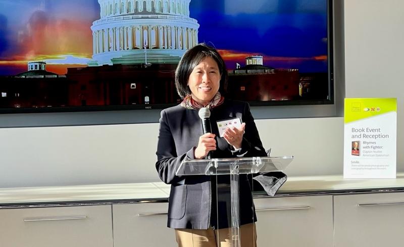 photo of ambassador katherine tai speaking at the April 28, 2022 reception for the Clayton Yeutter biography