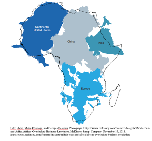 Figure 2: Map of Africa with land area comparison with China, United States, India, and Europe