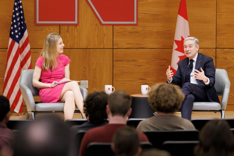 rançois-Philippe Champagne, Canada’s minister of innovation, science and industry, speaks with Jill O'Donnell, director of the Yeutter Institute, during a May 3 event at Swanson Auditorium. 