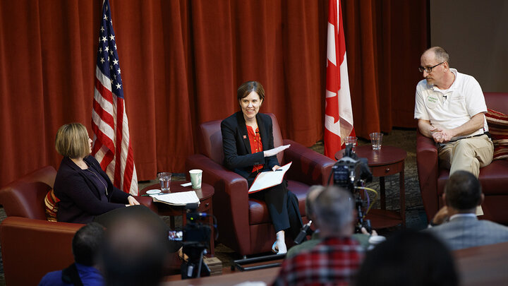 Andrea Durkin (left), editor-in-chief of TradeVistas; Darci Vetter (center), diplomat in residence at Nebraska; and Brian Kuehl, executive director of Farmers for Free Trade, discuss how international trade affects rural America during the final Heuermann Lecture of the 2017-18 season March 13 at Nebraska Innovation Campus. (Craig Chandler/University Communication)